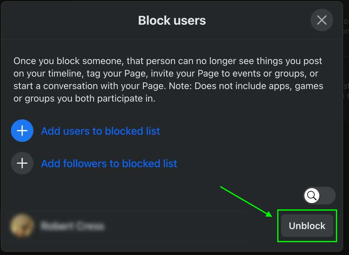 how to unblock someone from your facebook business page