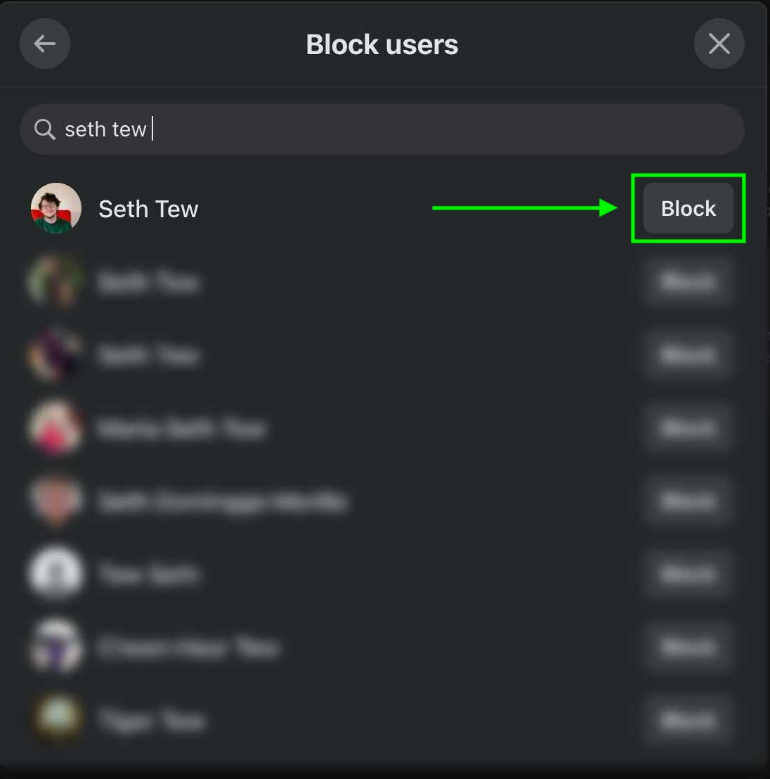 search for a user to block from your facebook business page