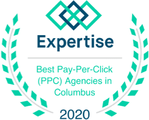 Award badge with laurel wreath design, reads: Expertise Best Pay-Per-Click (PPC) Agencies in Columbus 2020 with a geometric logo at the top, celebrating the outstanding achievements of a leading digital marketing company.