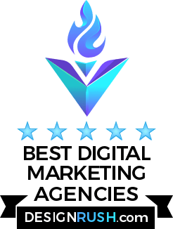 Logo with a gradient blue flame emerging from a V-shaped design above five stars. Text reads Best Digital Marketing Agencies highlighting premier SEO services by DesignRush.com.
