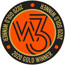 Round emblem with 2020 Gold Winner text around the edge. Inside, a stylized W3 logo on an orange background, symbolizing excellence in digital marketing services.