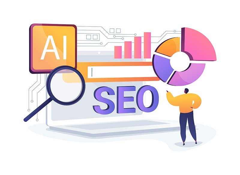 Illustration of a person pointing at large SEO text in front of a laptop, with graphics representing AI, data charts, and a magnifying glass, symbolizing the integration of AI in SEO analysis.