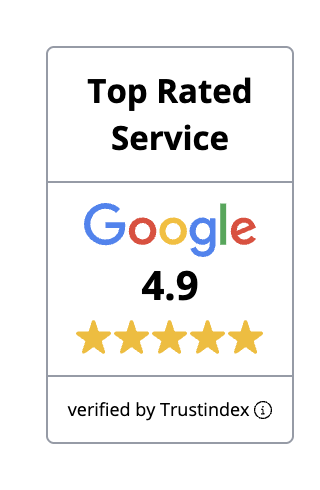 A badge reading Top Rated SEO Services with the Google logo, a 4.9 rating, five gold stars, and the text verified by Trustindex at the bottom.