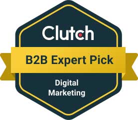 A badge featuring the Clutch logo with a gold ribbon reading B2B Expert Pick and the words Digital Marketing below, highlighting recognition as a top digital marketing company.