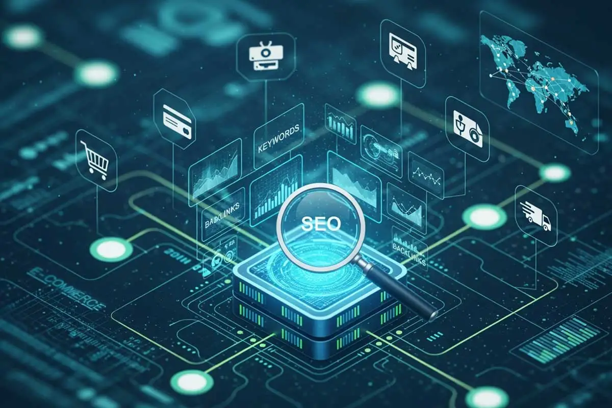 A digital illustration shows a magnifying glass labeled SEO over a futuristic circuit board, with icons for e commerce website SEO, analytics, keywords, web search, shopping, and a world map floating around.