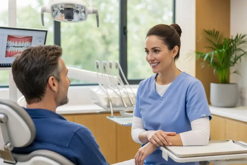 A dentist in blue scrubs smiles and talks with a male patient sitting in a dental chair, with dental equipment and a screen displaying teeth visible in the background, reflecting the friendly approach of social media dentists.