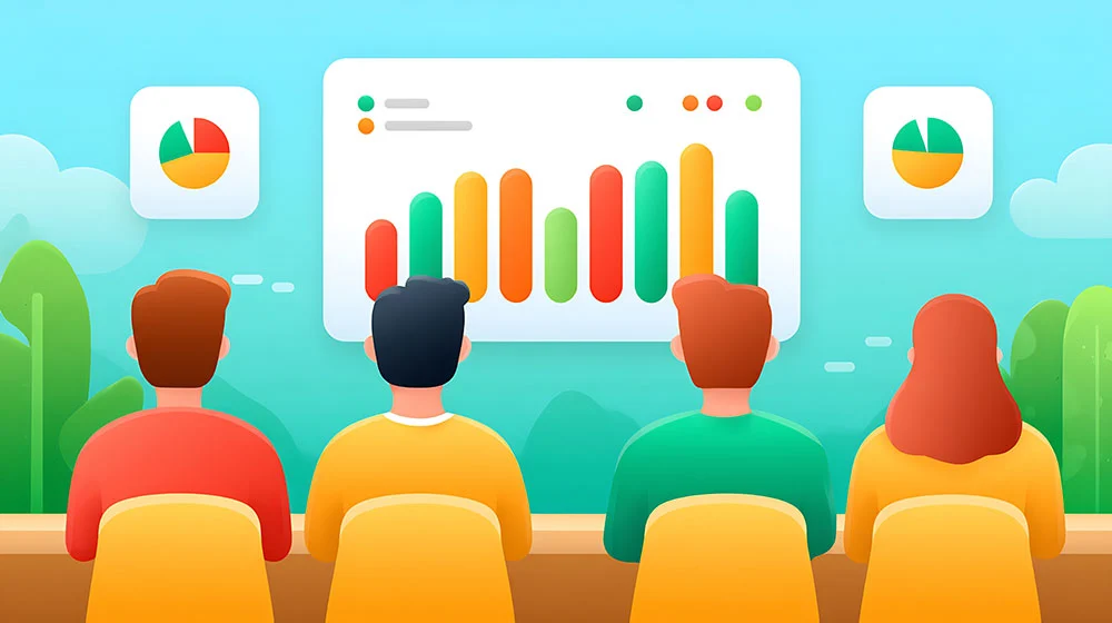 Four people sit facing a large screen displaying colorful bar and pie charts, suggesting a data presentation or meeting in a bright, modern setting with greenery in the background.