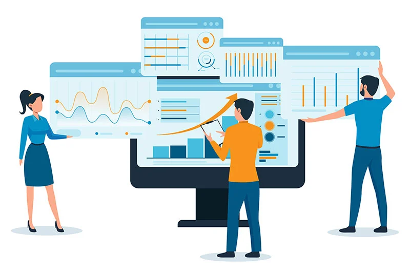 Three people analyze charts and graphs displayed on a large computer monitor and floating screens, representing data analysis and teamwork in a business setting.