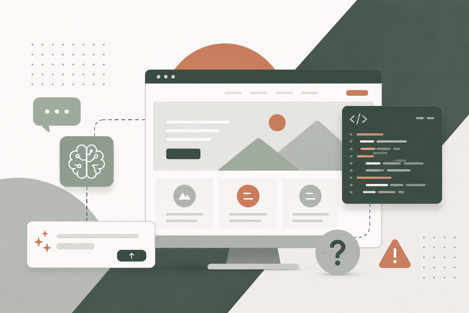 Illustration of a computer screen displaying a website interface, surrounded by icons for chat, code, AI, alerts, and a question mark, symbolizing web development and technology concepts.