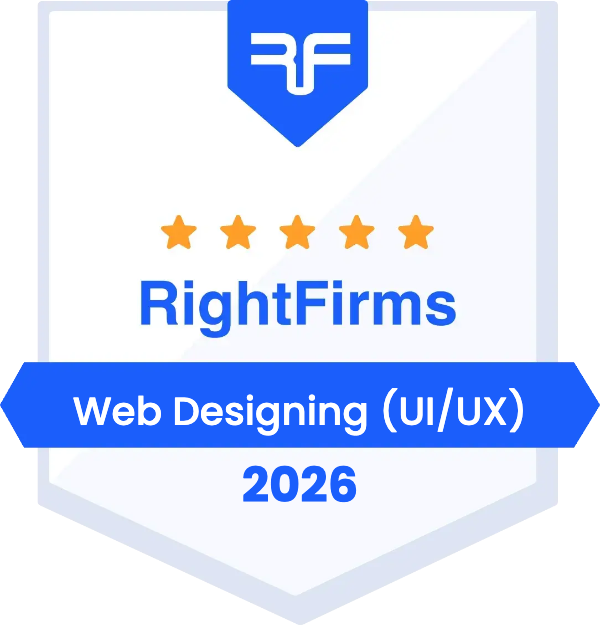 A digital badge with a blue RF logo, five orange stars, and the text: RightFirms Web Designing (UI/UX) 2026, recognizing top digital marketing company achievements, on a white background.