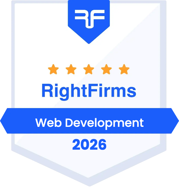 A badge displaying five orange stars, the text RightFirms in blue, and a blue ribbon with Web Development 2026—perfect for showcasing a leading web development or digital marketing company. The RF logo sits atop a bold blue shield.